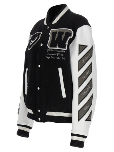 Shop Off-white 'lea Wool Varsity' Bomber Jacket In White/black
