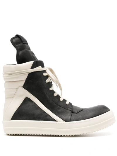 Shop Rick Owens Geobasket High-top Leather Sneakers In Black/milk/milk