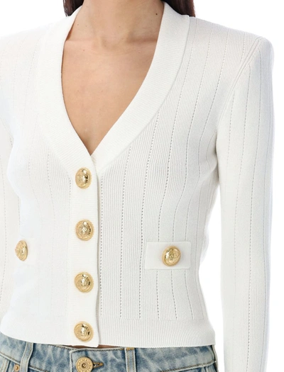 Shop Balmain Gold Buttons Knit Cardigan In White