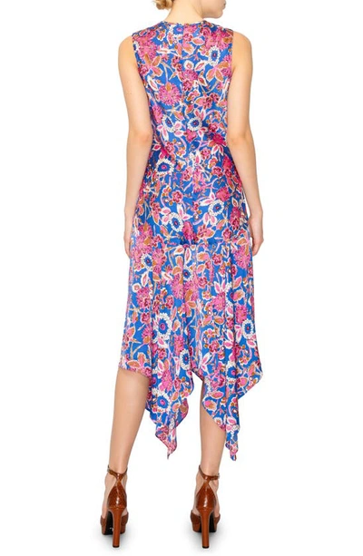 Shop Melloday Floral Print Ruched Satin Midi Dress In Blue Pink