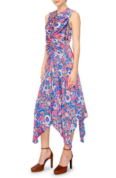 Shop Melloday Floral Print Ruched Satin Midi Dress In Blue Pink