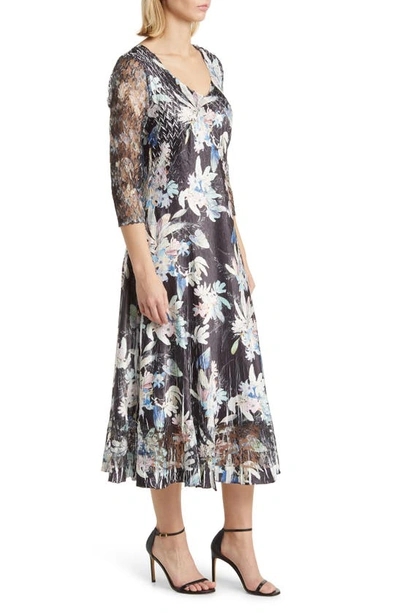 Shop Komarov Floral Three-quarter Sleeve Charmeuse & Lace Dress In Onyx Burst