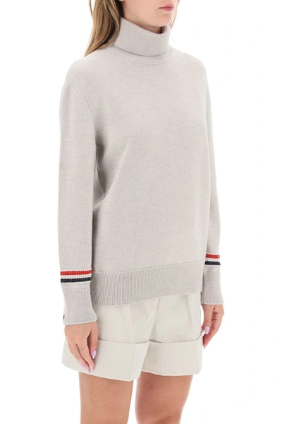 Shop Thom Browne Turtleneck Sweatear With Tricolor Intarsia In Grey