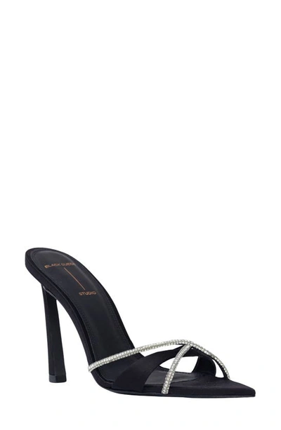 Shop Black Suede Studio Sienna Pointed Toe Slide Sandal In Black Satin Crystal Stones