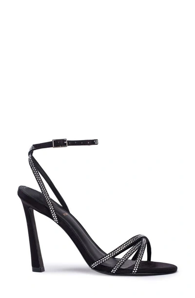 Black Suede Studio Gemma Strappy Crystal Heels In Black Satin Crystal Stones