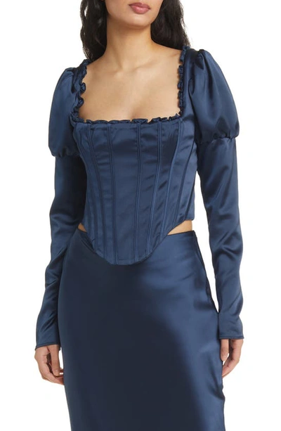 House Of Cb Dana Puff Sleeve Corset Top In Navy