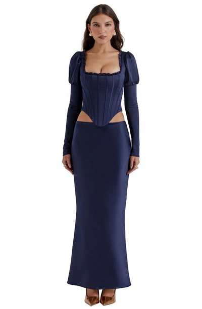 House Of Cb Dana Puff Sleeve Corset Top In Navy