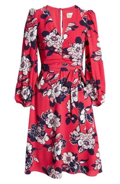 Eliza J Floral Ruched Bracelet Sleeve Dress In Berry