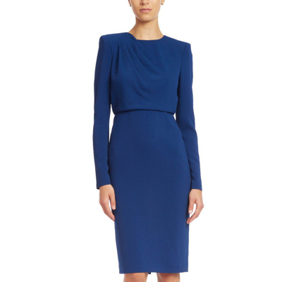 Shop Badgley Mischka Long-sleeved Drape Shoulder Dress In Blue