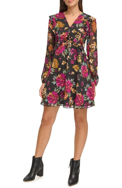 Shop Kensie V-neck Long Sleeve Floral Chiffon Shift Dress In Pink/black Multi