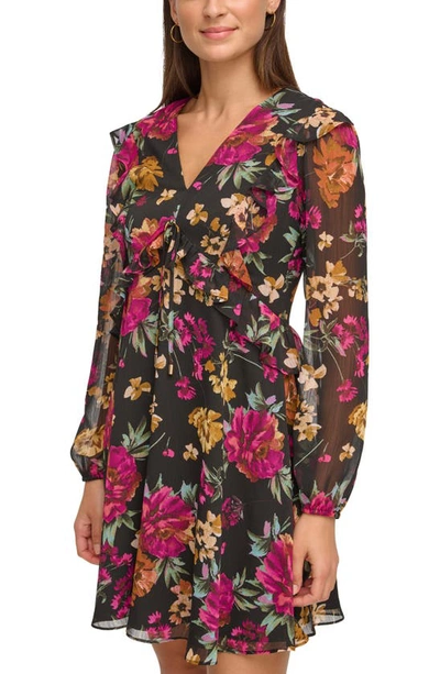 Shop Kensie V-neck Long Sleeve Floral Chiffon Shift Dress In Pink/black Multi
