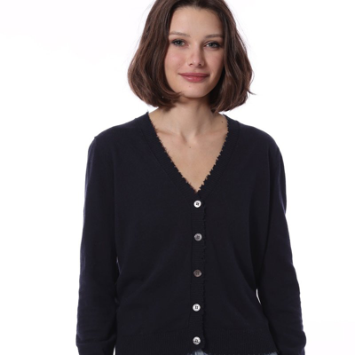 Shop Minnie Rose Cotton Cashmere Frayed Cardigan In Blue