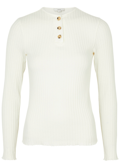 Shop Vince Henley Ribbed Stretch-cotton Top In Off White