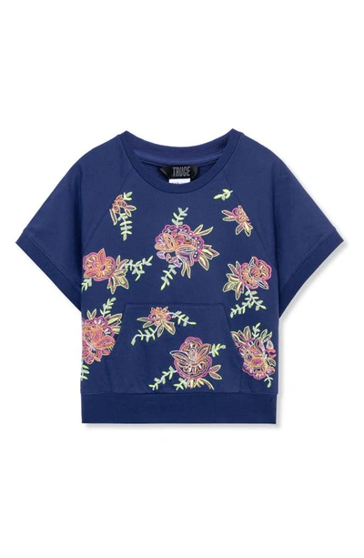 Shop Truce Kids' Floral Embroidered Short Sleeve Sweatshirt In Navy