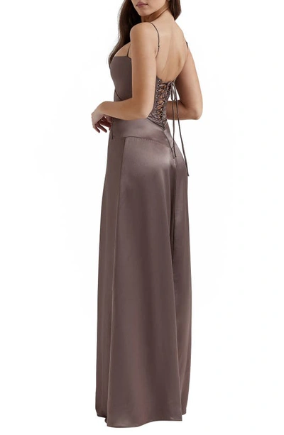 House Of Cb Anabella Lace-up Satin Gown In Pebble Grey