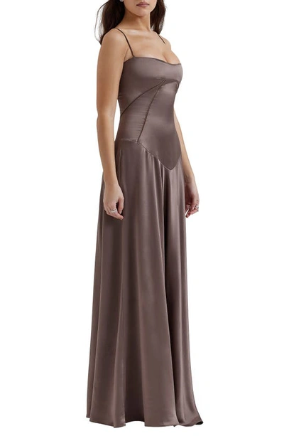 House Of Cb Anabella Lace-up Satin Gown In Pebble Grey