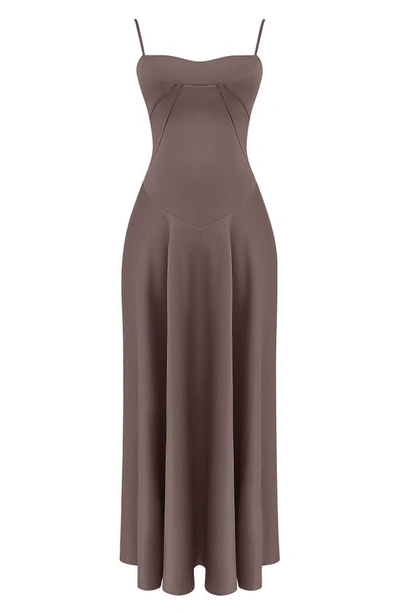 House Of Cb Anabella Lace-up Satin Gown In Pebble Grey