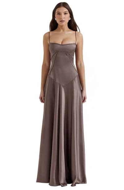 House Of Cb Anabella Lace-up Satin Gown In Pebble Grey