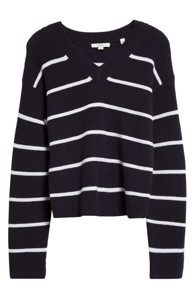Shop Vince Stripe V-neck Cotton Blend Sweater In Coastal/ Optic White