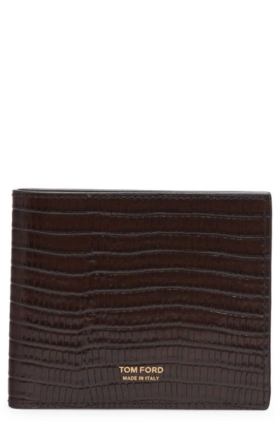 Shop Tom Ford T-line Croc Embossed Patent Leather Bifold Wallet In Chocolate Brown