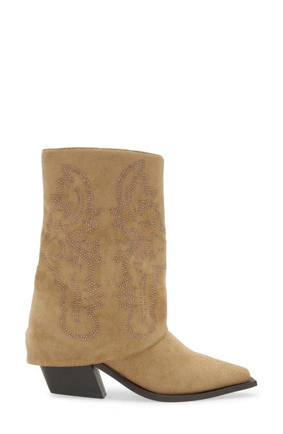 Shop Azalea Wang Portabella Foldover Shaft Pointed Toe Bootie In Tan