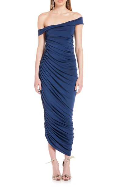 Shop Katie May Alana Asymmetric Off-the-shoulder Cocktail Dress In Deep Sea