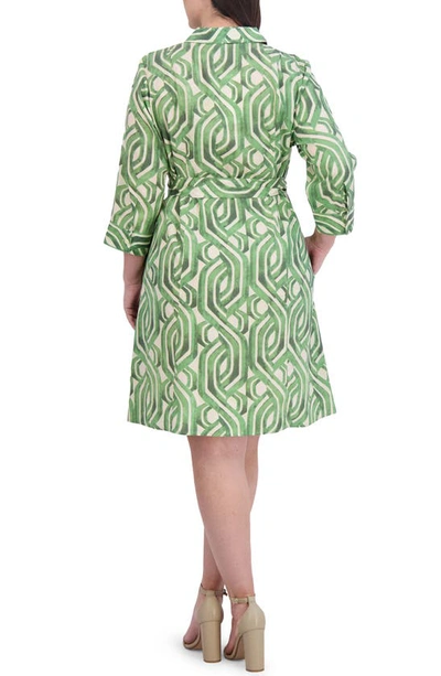 Shop Foxcroft Fiona Watercolor Print Three-quarter Sleeve Belted Shirtdress In Green Multi