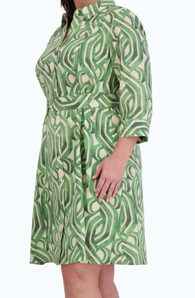 Shop Foxcroft Fiona Watercolor Print Three-quarter Sleeve Belted Shirtdress In Green Multi