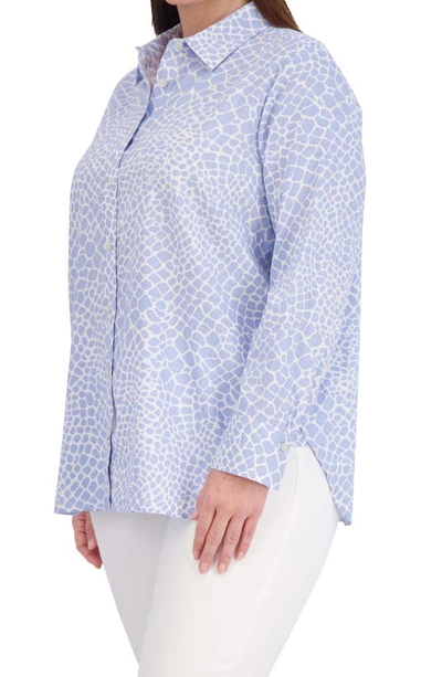 Shop Foxcroft Meghan Giraffe Print Linen Blend Button-up Shirt In Blue/ White