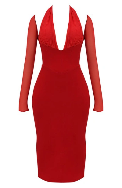 House Of Cb Yasmin Long Sleeve Body-con Midi Cocktail Dress In True Red