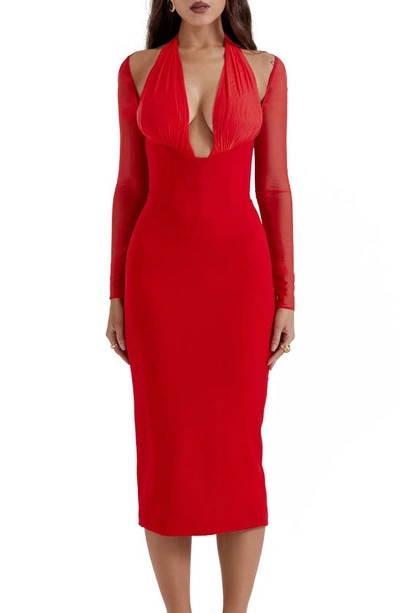 House Of Cb Yasmin Long Sleeve Body-con Midi Cocktail Dress In True Red