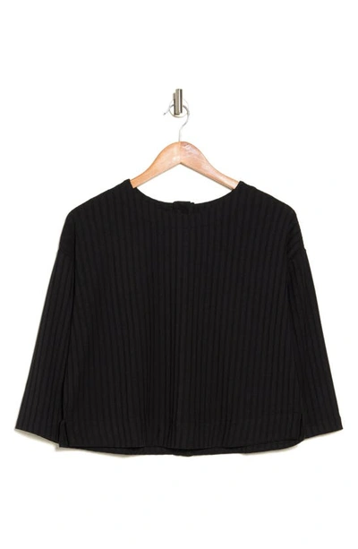 Shop Adrianna Papell Button Back Long Sleeve Ribbed T-shirt In Black