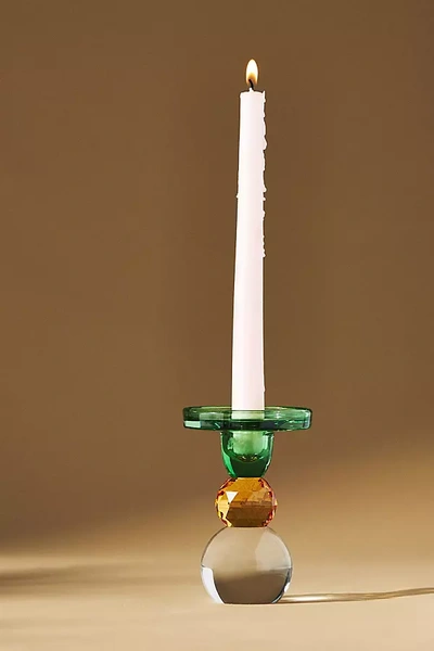 Anthropologie Cut Glass Candle Holder In Green