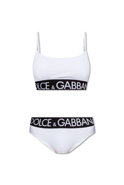 Shop Dolce & Gabbana Elasticated Logo Waistband Bralette Bikini Set In White