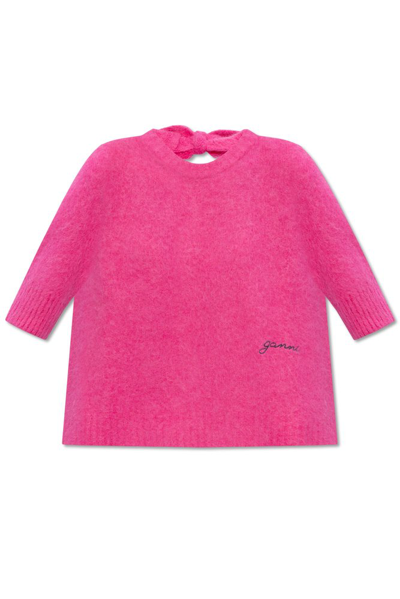 Shop Ganni Sweater With Tie Details In Pink