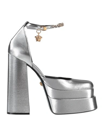 Shop Versace Woman Pumps Silver Size 11 Textile Fibers In Grey