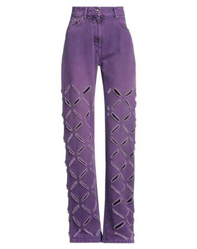 Shop Versace Woman Jeans Purple Size 26 Cotton, Calfskin