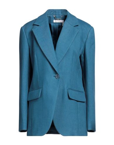 Shop Chloé Woman Blazer Turquoise Size 8 Linen, Cotton In Blue