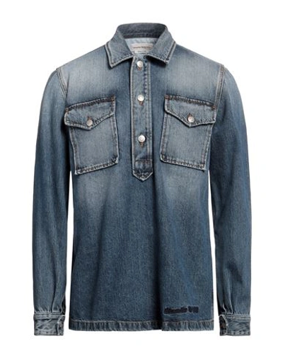Shop Alexander Mcqueen Man Denim Shirt Blue Size 38 Cotton, Polyester