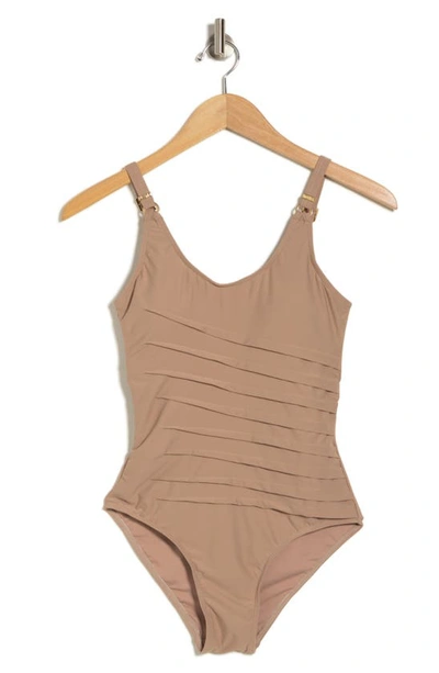 Shop Catherine Malandrino Pleat One-piece Swimsuit In Warm Taupe
