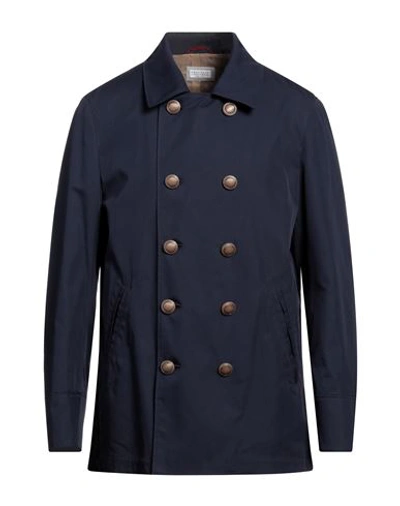 Shop Brunello Cucinelli Man Overcoat & Trench Coat Navy Blue Size 46 Cotton, Polyamide, Cupro