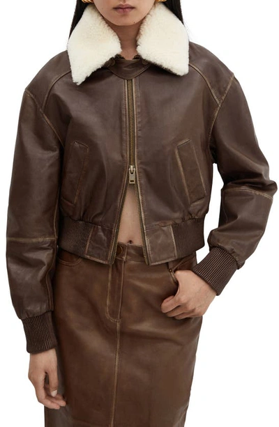 Shop Mango Leather Bomber With Removable Faux Shearling Collar In Brown