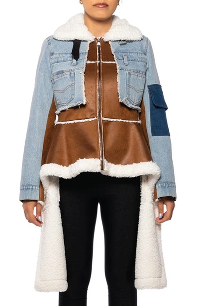 Shop Azalea Wang Denim & Faux Shearling Jacket In Brown/blue Multi