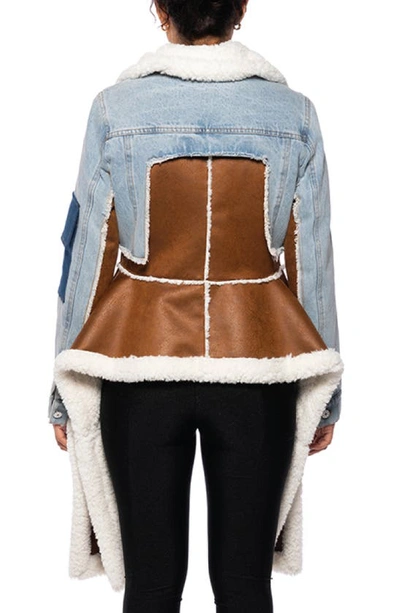 Azalea Wang Denim & Faux Shearling Jacket In Brown/blue Multi
