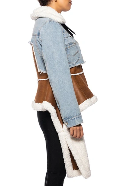 Azalea Wang Denim & Faux Shearling Jacket In Brown/blue Multi