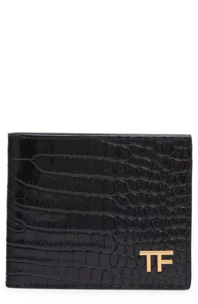 Shop Tom Ford T-line Croc Embossed Patent Leather Card Holder Embossed Patent Leather Card Holdercroct-line In Black