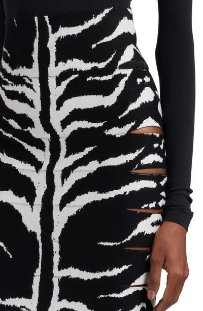 Shop Alaïa Animal Stripe Slashed Knit Pencil Skirt In Blanc/ Noir