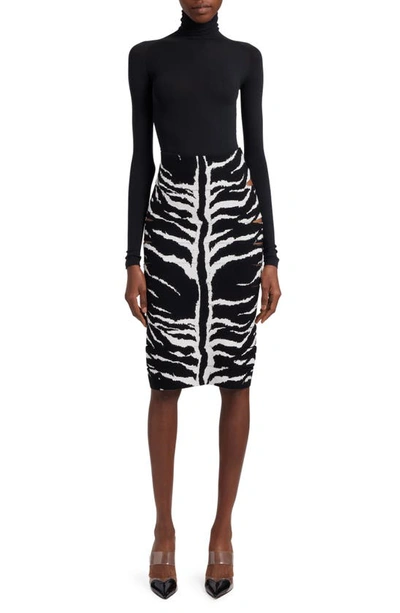Shop Alaïa Animal Stripe Slashed Knit Pencil Skirt In Blanc/ Noir