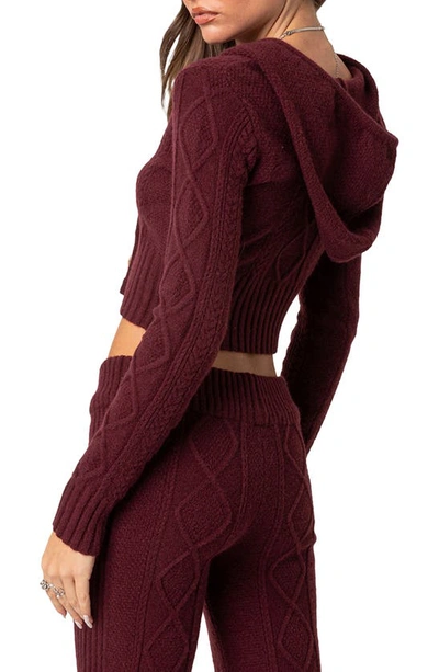 Shop Edikted Ray Cable Knit Hooded Crop Cardigan In Burgundy