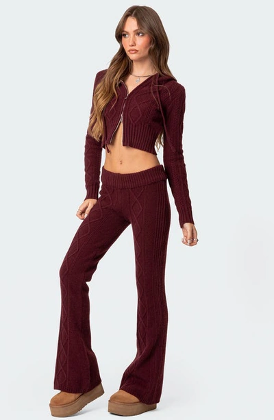 Shop Edikted Ray Cable Knit Hooded Crop Cardigan In Burgundy